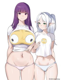 2girls alcoholrang bangs big_boobs big_breasts big_tits blush blushing breasts elf elf_ears elf_female elf_girl emoji female female_only fern_(sousou_no_frieren) frieren fringe fringe_hair green_eyes hand_behind_back hand_on_breast lifting_shirt long_hair looking_at_breasts looking_at_chest looking_at_partner looking_at_viewer looking_down meme midriff multiple_females multiple_girls oppai panties pantsu pointy_ears purple_eyes purple_hair sousou_no_frieren straight_hair stretched_clothing t_shirt thick_thighs twintails white_background white_hair white_skin
