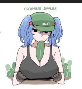 1girls alternate_version_available between_breasts big_breasts black_eyes blue_hair breasts cleavage clothed_female cucumber english_text female fruit gloves hat light-skinned_female light_skin mata_(matasoup) nitori_kawashiro no_sex paizufella paizuri sucking tank_top text touhou twintails vegetable white_background