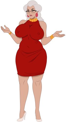 animated ass bbw big_ass big_breasts big_nipples breasts discreenvision female game_cg glasses grey_hair heels huge_breasts inusen lipstick milf milf_boom older_female red_dress