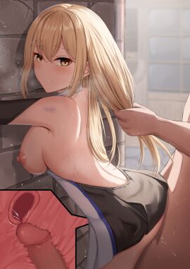 1boy 1girls against_wall aiz_wallenstein alley arched_back bangs bare_back bare_shoulders bite_mark bite_mark_on_shoulder blonde_hair blush breasts breasts_out censored clenched_teeth closed_mouth dark-skinned_male dark_skin dress dungeon_ni_deai_wo_motomeru_no_wa_machigatteiru_darou_ka elbow_gloves female female_focus fucked_from_behind gloves gold_eyes hair_grab hair_pull high_resolution highres kanata_(kanade_pa) light-skinned_female light_skin long_hair looking_at_viewer male medium_breasts mosaic_censoring nipples open_eyes partially_clothed partially_clothed_female penis penis_in_pussy pussy sex sex_from_behind sideboob straight sweat thrusting uterus vaginal_penetration vaginal_sex x-ray x-ray_view