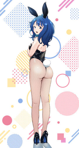 1girls abstract_background ass back back_view bare_arms bare_back bare_shoulders big_ass black_leotard blue_bottom_heels blue_eyes blue_hair blush breasts bunny_ears bunny_tail bunnysuit cleavage female fishnet_pantyhose fishnets high_heels leotard long_hair looking_at_viewer looking_back make_heroine_ga_oo_sugiru! mashiroshiro medium_hair open_mouth smile solo strapless strapless_leotard thighs thong_leotard yanami_anna