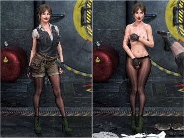 1girls 3d breasts brown_hair cirilover1 covering_breasts covering_crotch embarrassed embarrassed_nude_female enf female gun on/off original pantyhose topless topless_female