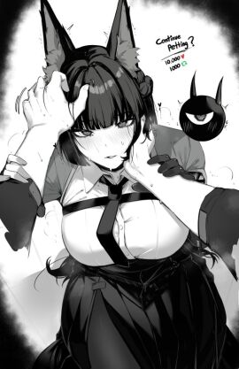1boy 1girls 2024 animal_ears big_breasts black_legwear blush bowtie breasts female fox_ears fox_girl hands hoshimi_miyabi large_breasts male male_pov masoq095 monochrome petting pov shirt sitting skirt stockings wise_(zenless_zone_zero) zenless_zone_zero