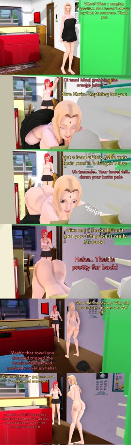 3d accidental_exposure ass big_ass big_butt blonde_hair blush brown_eyes completely_naked completely_nude embarrassed embarrassed_nude_female enf enf4life9 female fridge funny implied_lesbian kitchen looking_back mature mature_female milf mooning naruto naruto_(series) no_visible_genitalia nude nude_female text towel towel_drop towel_slip tsunade uzumaki_karin wholesome yuri