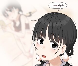 aiu404l black_hair blurry blurry_background blush close-up egg_(aiu404l) egg_hair_ornament female food-themed_hair_ornament hair_ornament head_tilt holding masturbation multiple_views open_mouth original sidelocks speech_bubble talking tareme