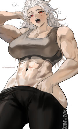 abs absurdres armpit_crease arms_behind_head biceps black_leggings breasts cameltoe character_request commentary dorohedoro ear_piercing earrings english_commentary female female_focus from_below grey_sports_bra half-closed_eyes highres jewelry large_breasts leggings long_hair looking_at_viewer muscular muscular_female navel noi_(dorohedoro) ongjolpark open_mouth park_ongjol piercing red_eyes shiny_skin simple_background solo sports_bra teeth tongue upper_teeth_only white_background white_hair