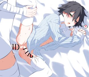 2boys anal ass balls bandaged_arm bandages bar_censor bed bed_sheet black_hair blush bottomless bungo_stray_dogs bungou_stray_dogs censored collared_shirt cum cum_in_ass dazai_osamu ejaculating_while_penetrated ejaculation femboy gay gay_sex green_eyes hair_between_eyes handsfree_ejaculation heart highres kinorink long_sleeves lying male male/male male_focus male_only male_penetrated multiple_boys multiple_males on_bed open_clothes open_mouth open_shirt penis ranpo_edogawa saliva sex sheet_grab shirt short_hair solo_focus spoken_heart spread_legs sweat tears testicles thighhighs white_shirt white_thighhighs yaoi