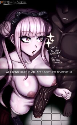 2025 alternate_version_available big_breasts big_penis dark-skinned_male dark_skin dialogue english_text faceless_male fully_nude hi_res high_resolution highres huge_breasts large_breasts large_penis light-skinned_female light_skin mobi_mobi naked naked_female nipples pink_hair selfie starry_eyes text the_hundred_line_-last_defense_academy- tsukumo_kako