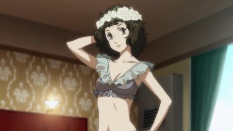 2girls animated anus areola_slip bikini bikini_skirt black_bikini black_hair bottomless bottomless_female brown_eyes cleavage embarrassed flower_crown frilled_bikini haru_okumura lying lying_on_bed mature_female micro_bikini midriff nipples nipples_visible_through_clothing peppymcfalco_(editor) persona persona_5 posing pussy sadayo_kawakami sandals see-through_bikini see-through_clothing see-through_swimsuit shirt short_hair t-shirt tagme third-party_edit trying_on_clothes video white_shirt
