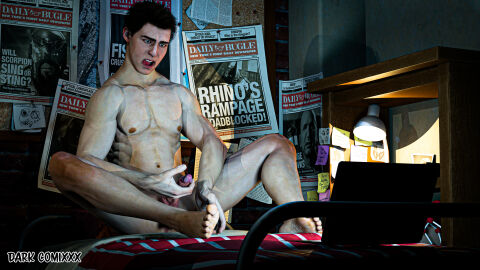 3d angry_face cuckold male male_only marvel marvel_comics masturbation penis peter_parker solo solo_male spider-man_(series) upset watching_sex