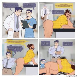3boys arm_tattoo artist_name ass bara beard beard_stubble belt blue_eyes blue_hair blurry blurry_background blush brown_hair bulge chibi coat cum doctor ejaculation english_text erection erection_under_clothes facial_hair fisting grey_hair hair_bun highres huge_ass infirmary male male_focus masculine_male mature_male moustache multicolored_hair multiple_boys multiple_males muscular muscular_male necktie nose_blush nurse office on_table open_clothes open_coat original pants penis prostate_massager rumple_tumple rumpletumple1 shirt shoes short_hair signature smirk speech_bubble stubble table tattoo thick_arms thick_eyebrows thick_thighs thighs yaoi