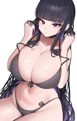 arms_up bikini black_bikini black_hair blush breasts colored_inner_hair female huge_breasts looking_at_viewer mole_on_breast original original_character purple_eyes purple_hair queen_of_spades sitting spade_tattoo sweatdrop thick_thighs very_long_hair wide_hips