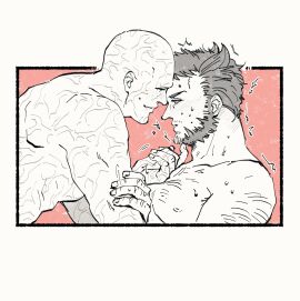 2boys arm_hair azuko_(@zuco) bald beard blush chest_hair deadpool deadpool_&_wolverine_(2024) facial_hair full-face_blush gay grabbing_another's_chin hand_on_another's_chin implied_nudity looking_at_another male male_focus male_only marvel marvel_cinematic_universe marvel_comics monochrome multiple_boys multiple_males muscular muscular_male nipples nude pectorals scar scars_all_over short_hair smile sweat trembling wolverine_(x-men) x-men yaoi