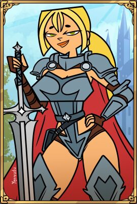 2d armor blonde_hair bridgette_(tdi) busty fantasy female female_focus female_only hourglass_figure knight knight_armor pinup pinup_pose sword tagme total_drama_island weapon wide_hips yenvudu