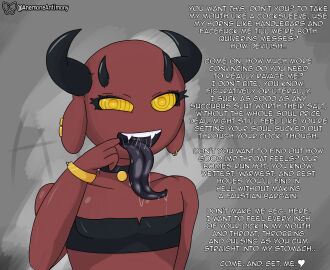 1girls 2d 2d_(artwork) abstract_background anemone_antimony begging begging_for_sex black_sclera bracelet breasts collar demon demon_girl dialog dialogue dirty_talk drool drool_string drooling_tongue ear_piercing english_text fangs female finger_in_mouth flat_chest floppy_ears forked_tongue heart horn horns horny horny_female imp inviting inviting_to_sex long_eyelashes long_tongue looking_at_viewer monster monster_girl open_mouth oral_fixation oral_invitation piercing piercings red_skin saliva saliva_drip saliva_string sharp_teeth sloppy small_breasts solo solo_female speaking_to_viewer talking_to_viewer teasing teasing_viewer text tongue tongue_out tube_top tubetop wet yellow_eyes