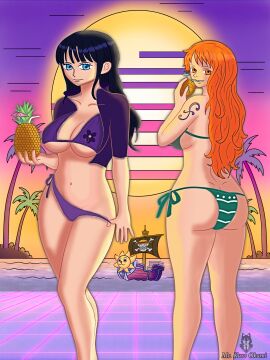 beach big_ass big_breasts bikini black_hair breasts mr.kurokami mr_kurookami nami_(one_piece) nico_robin one_piece orange_hair sunset vaporwave