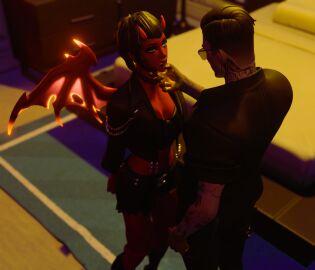 1boy 1girls 3d biting_lip blender_(software) demon demon_girl erwarsa female fortnite gold male malice_(fortnite) midas_(fortnite) pale_skin red_skin sunglasses tattoos