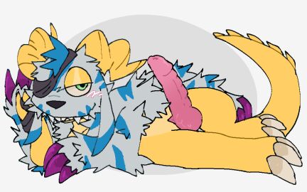 16:10 1_eye 2_horns animal_genitalia animal_penis animal_skin anthro bandai_namco belt big_penis biped blue_body blue_fur blush bored canine_genitalia canine_penis claws countershade_scales countershade_torso countershading digimon digimon_(species) erection eye_patch eye_patch_only eyewear fur gabumon garabumon gengygar_(artist) genitals glans green_eyes hand_on_face head_tuft horn humanoid_genitalia humanoid_penis hybrid_genitalia hybrid_penis knot leather leather_strap long_penis looking_at_viewer lying male multicolored_body multicolored_fur multicolored_scales multicolored_skin nails on_side penis pink_glans purple_claws ribbed_penis scales scalie simple_background solo spiked_tail spikes spikes_(anatomy) spiral_horn straps striped_body striped_fur stripes tail thick_penis tuft two-tone_body two-tone_fur two-tone_skin white_background white_body white_fur widescreen yellow_body yellow_horn yellow_scales