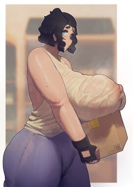 absurdres aqua_eyes black_gloves black_hair blue_pants box breast_rest breasts cameltoe cardboard_box delivery female fingerless_gloves from_side gigantic_breasts gloves green_eyes highres holding holding_box huge_breasts lips mmmmmkun nipples original pants sagging_breasts see-through_clothes see-through_shirt shirt short_hair sideboob sleeveless sleeveless_shirt solo standing sweat tank_top very_sweaty white_shirt white_tank_top