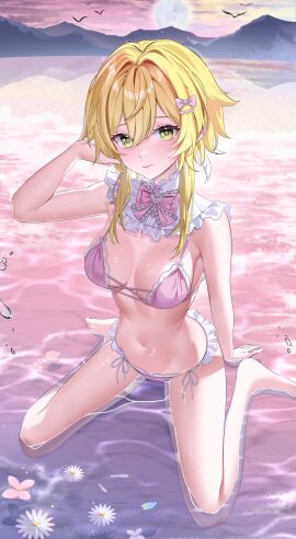 1girls 2d 2d_(artwork) belly_button bikini bikini_bottom bikini_top blonde_hair breasts clouds female female_focus female_only front_view full_body genshin_impact high_resolution highres hoyoverse light-skinned_female light_skin looking_at_viewer lumine_(genshin_impact) medium_breasts mihoyo navel ocean ohu21 short_hair sky slim_female solo solo_female solo_focus sun sunset swimsuit two_piece_swimsuit water yellow_eyes