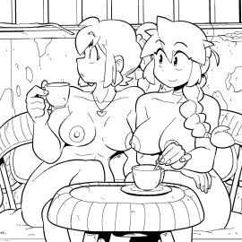 2girls areolae braided_hair braided_ponytail choker coffee_mug completely_nude female fully_naked heart line_art lucia_(scott_malin) mia_(scott_malin) nipples no_color nude original original_character ponytail scott_malin sitting_down tagme tea_cup thick_thighs