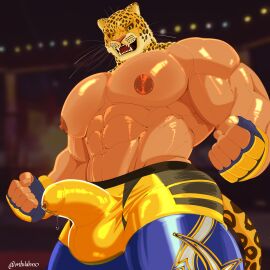 abs absurd_res animal_head animal_humanoid areola big_areola big_muscles big_pecs bodily_fluids bulge clothed clothing detailed_bulge erection felid for_a_head genital_fluids hi_res human humanoid jaguar jaguar_spots king_(tekken) leaking_precum looking_at_viewer looking_down looking_down_at_viewer low-angle_view male male_only mammal mhilahno muscular muscular_humanoid muscular_male nipples pantherine pecs precum solo tekken topless topless_humanoid topless_male