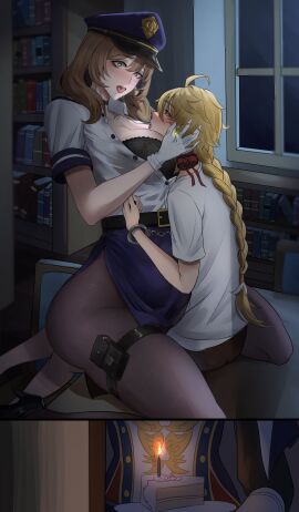 1boy 2girls about_to_be_caught absurdres aether_(genshin_impact) ahoge belt birthday_cake black_bra blonde_hair blush bra braid breasts brown_hair cake cake_slice candle capelet cleavage cowgirl_position cuffs detached_sleeves earrings female femdom food genshin_impact gloves green_eyes hair_between_eyes hans-kun hat high_heels highres jean_gunnhildr jewelry large_breasts leggings lisa_(genshin_impact) long_hair looking_at_another male multiple_females multiple_girls open_mouth police police_hat police_uniform policewoman pouch saliva saliva_trail shirt sitting skirt straddling straight thigh_pouch tongue tongue_out underwear uniform yellow_eyes