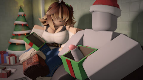1boy 1girls 2024 3d anon belt boots christmas christmas_tree cleavage dick dick_in_a_box female freckles freckles_on_face gift gift_box hair_covering_eyes hair_ornament jeans male midnightkrystal penis roblox roblox_avatar robloxian rolve santa_hat simple_background stquadeca14441
