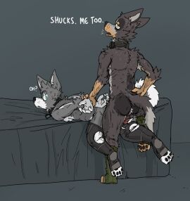 anthro armpit_hair ass athletic athletic_anthro bed_sheet bedding bodily_fluids body_hair breeding_kink butt_hair canid canine canis collar cuntboy dialogue dog_tags domestic_dog duo from_behind_position genital_fluids grabbing_shoulders grabbing_waist grabbing_wrists heeler hi_res humor humping husky infertility insult intersex long_socks male male/male mammal mounting muscular muscular_thighs nordic_sled_dog open_mouth pawpads paws penetration pinned pinning_down pussy raised_leg rear_view ricthecusco sex simple_background skinny spitz teeth_showing text vaginal_fluids vaginal_penetration wall_of_text