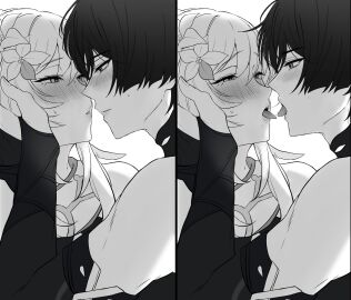 1boy 1girls blush female flustered_male french_kissing genshin_impact greyscale lumine_(genshin_impact) male nan7719318 saliva_string saliva_trail scaramouche_(genshin_impact) tongue_kiss