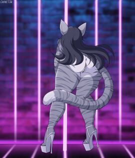 animated anthro anus ass big_breasts big_butt blue_eyes blue_hair breasts butt_heart chinetsu clothing dancing domestic_cat felid feline felis female footwear fur genitals hair hi_res high_heels huge_breasts huge_butt long_hair mammal meioko_(binnoc9) multicolored_body multicolored_fur pole pole_dancing shoes smile smiling_at_viewer solo striped_body striped_fur stripes vulva