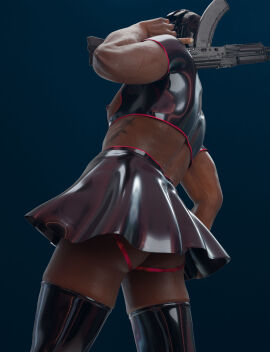 1boy 3d 3d_model activision call_of_duty call_of_duty_modern_warfare_2_(2022) fetish_gear gaz_(call_of_duty) gun infinity_ward kyle_garrick male male_focus male_only melanin obbi_mation skirt solo solo_focus solo_male tattooed_male viewed_from_below yaoi
