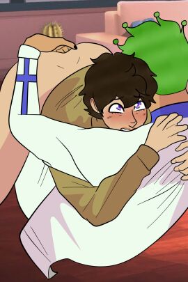 2boys anal_fingering brown_hair cioccolata duo gay green_hair hunnynsfwart jojo's_bizarre_adventure male male/male male_only secco vento_aureo yaoi