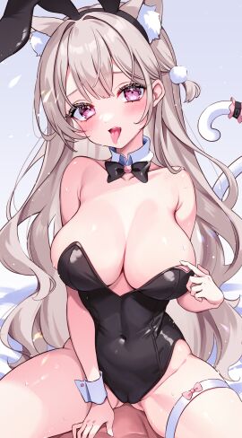 1boy animal_ear_fluff animal_ears artist_request black_bow black_bowtie black_leotard blush bow bowtie breasts brown_hair cat_ears cat_girl cat_tail cleavage covered_navel eneru_(enepuni) fake_animal_ears female grey_background highres implied_sex large_breasts leotard long_hair male open_mouth original playboy_bunny purple_eyes rabbit_ears sitting straight tail thigh_strap tongue tongue_out wavy_hair wrist_cuffs