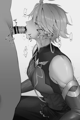 alhaitham_(genshin_impact) big_pecs black_straight_lines_on_cocks blowjob censor_bar cock erection erection_under_clothes erection_while_preforming_oral gay genshin_impact large_pectorals male male/male male_focus male_only muscular muscular_male oral oral_sex pecs pectorals penis precum thamsuki yaoi