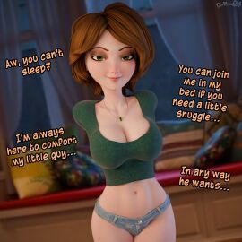 1girls 3d alternate_version_available arms_behind_back big_breasts big_hero_6 blue_shorts bottomwear breasts brown_hair cass_hamada dochaunt24 english english_text female female_only green_eyes green_shirt hair high_resolution highres hips lips looking_at_viewer mature mature_female mature_woman milf naughty_face necklace neckwear shirt short_hair short_shorts shorts smile solo solo_female talking_to_viewer text thighs topwear