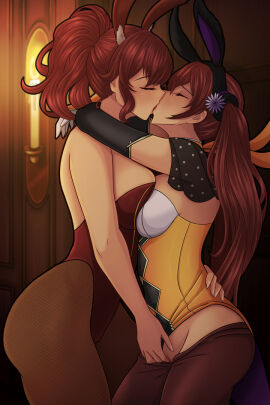 2girls alternate_costume anna_(fire_emblem) breasts bunny_ears bunny_girl bunnysuit closed_eyes female female_only fingering fingering_partner fire_emblem fire_emblem_awakening fire_emblem_heroes kissing large_breasts medium_breasts multiple_females multiple_girls nintendo nirainini official_alternate_costume pointy_chin pussy red_hair severa_(fire_emblem) twintails vaginal_penetration yuri