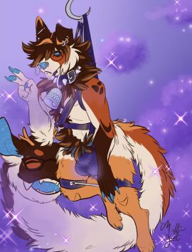 absurd_res anthro antlers ass balls bell bell_collar blue_eyes bondage bottomwear bound brown_body brown_fur canid canine canis claws clothed clothing collar digital_media_(artwork) ear_piercing ear_ring eyewear facial_piercing feet fingers fluffy fluffy_tail fur genitals gesture glasses glowing glowing_genitalia glowing_penis hair hand_gesture hanging_(disambiguation) hanging_wedgie harness hi_res horn humiliation lip_piercing long_tail looking_at_viewer male mammal monsters_and_mutants multicolored_body nipples nose_piercing nose_ring nude panties penis piercing restraints ring_piercing simple_background smile solo sparkles submissive tail teeth toes tuft underwear unimpressed v_sign wedgie wedgie_fetish white_body white_fur