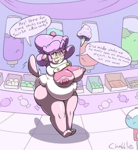 after_transformation candy casual_exposure chabble cotton_candy dialogue fangs female fluffy glasses green_eyes no_arms pokemon post-transformation purple_hair slurpuff smile swirlix tail text_bubble tongue tongue_out transformation wicke_(pokemon)