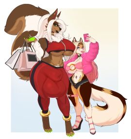2024 anklet anthro areola areola_slip balls balls_outline barefoot belly belly_tattoo big_breasts bottomwear breasts bry bulge canid canine canis cellphone clothed clothing collar coyote detailed_bulge duo ear_piercing electronics eyewear feet female fully_sheathed fur futanari genital_outline glasses hair hi_res hybrid hyper_sheath intersex jewelry long_hair long_tail looking_at_another mammal mephitid multicolored_body multicolored_fur multicolored_hair navel necklace pants penis penis_outline phone piercing pose pubic_hair pubic_hair_peek selfie sheath sheath_bulge shopping_bag shorts simple_background skimpy skunk smartphone sweetburn tail tattoo tongue tongue_out treasure_trail underboob yoga_pants