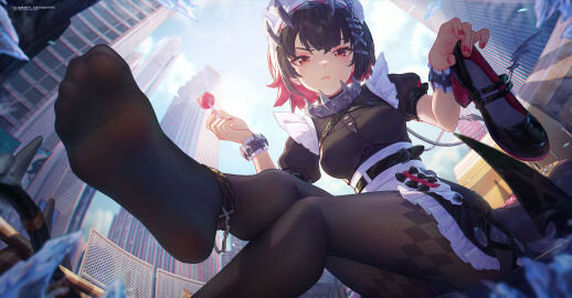 anklet belt black_hair black_stockings breasts city dissappointed_look ellen_joe feet feet_visible_through_clothing female foot_fetish foot_focus giantess hair_ornament icecake legs_crossed legwear looking_at_viewer maid_outfit mary_janes nail_polish painted_nails pink_nails red_eyes shoes shoes_removed small_breasts soles solo_female stockings toes zenless_zone_zero