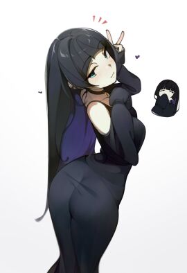 ass ass_focus blush bocchi_the_rock! breasts deko_morii dress female heart long_hair looking_at_viewer looking_back pa-san peace_sign tight_clothing