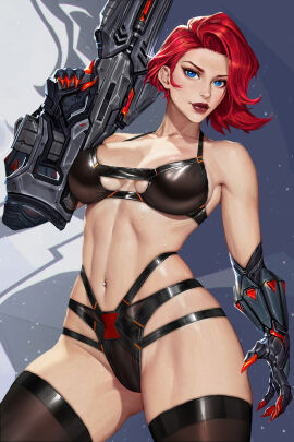 avengers_(series) bikini black_bikini black_bra black_gloves black_panties black_socks black_underwear black_widow black_widow_(marvel) black_widow_(marvel_rivals) blue_eyes breasts clawed_gauntlets closed_mouth collarbone cowboy_shot english_commentary eyelashes female gloves gun highres holding holding_gun holding_weapon linea_alba lips looking_at_viewer marvel marvel_comics marvel_rivals mixed-language_commentary multiple_straps natasha_romanoff navel_piercing neoartcore piercing pose posing posing_for_the_viewer red_hair short_hair socks solo sweat swimsuit thai_commentary thighhighs tight_clothing weapon