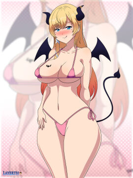 1girls :q bat_wings belly bikini blonde_hair blue_eyes blush breasts demon demon_girl demon_horns demon_tail female female_only gradient_hair highres hips hololive hololive_gen_2 hololive_japan large_breasts layerth light-skinned_female light_skin long_hair looking_at_viewer solo succubus thick_thighs thighs tongue tongue_out virtual_youtuber watermark yuzuki_choco