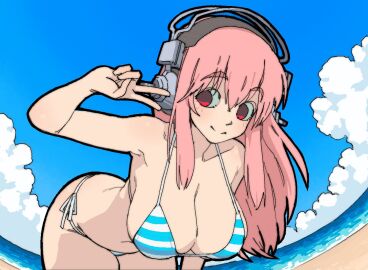 armpits beach bikini blue_bikini blue_sky breasts cleavage closed_mouth cloud female fisheye hair_between_eyes hand_up headphones large_breasts multicolored_bikini nitroplus no_pupils ocean outdoors pantsu-ripper pink_hair red_eyes side-tie_bikini_bottom sky smile solo straight_hair striped_bikini striped_clothes super_sonico swimsuit two-tone_bikini v white_bikini