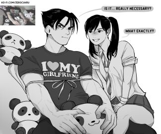 asian asian_female asian_male black_hair blush couple female hello_kitty hello_kitty_(series) jin_kazama kazama_jin ling_xiaoyu male meme monochrome muscular muscular_male namco panda plushie reference_image ribbon school_uniform schoolgirl self_upload shy skirt smile teasing teenage_female teenager tekken tekken_8 text text_bubble tie tshirt twintails veiny_hands wholesome zerocukru