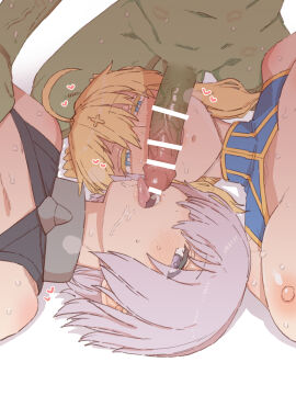 1boy 2girls ahoge artoria_pendragon artoria_pendragon_(lancer) blonde_hair blowjob blush breasts censored censored_penis choker cock cock_worship collaborative_fellatio dominant_male eyebrows eyelashes fate/grand_order fate_(series) fellatio female goblin goblin_male green_eyes green_skin hearts_around_body hearts_around_head human kiss_mark licking licking_penis light-skinned_female light_skin lipstick_mark male mash_kyrielight mo_(kireinamo) monster monster_on_female mosouko multiple_females multiple_girls nipples open_mouth penis purple_eyes saliva short_hair sweat sweatdrop sweating tagme teamwork tongue tongue_out