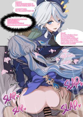 anus ass ass_grab ass_up big_ass blush bottom_heavy censored english_text face_down_ass_up female furina_(genshin_impact) genshin_impact heart instant_loss_2koma mashicono moaning motion_lines nervous panic panicking pussy sex smug sound_effects tagme text_bubble wide_hips