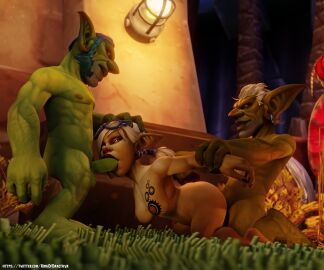 1girls 2boys 3d blizzard_entertainment breast_tattoo breasts female goblin goblin_(warcraft) goblin_female goblin_male goblin_on_goblin intraspecies kingofdracthyr male nude piercing spitroast straight tagme tattoo warcraft world_of_warcraft