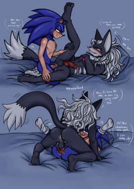 absurd_res anal anal_sex animal_genitalia animal_penis anthro anus ass balls bed blush bodily_fluids canid canine canine_genitalia canine_penis canis clothing cum cum_from_ass cum_in_ass cum_inside dialogue digital_media duo english_text erection eulipotyphlan female footwear from_front_position fur furniture gay genital_fluids genitals green_eyes hair hedgehog hi_res infinite_(sonic) infinite_the_jackal jackal kneeling knot leaking_cum lying male male/male male_penetrated male_penetrating male_penetrating_male mammal missionary_position ninelivesaved nude on_back on_bed one_leg_up open_mouth penetration penile penile_penetration penis penis_in_ass pillow raised_leg sega sex smile socks sonic_(series) sonic_forces sonic_the_hedgehog sonic_the_hedgehog_(series) speech_bubble spread_legs spreading tail text tongue versatile yaoi